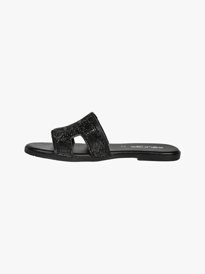 Ciabatte donna in pelle con strass - nero