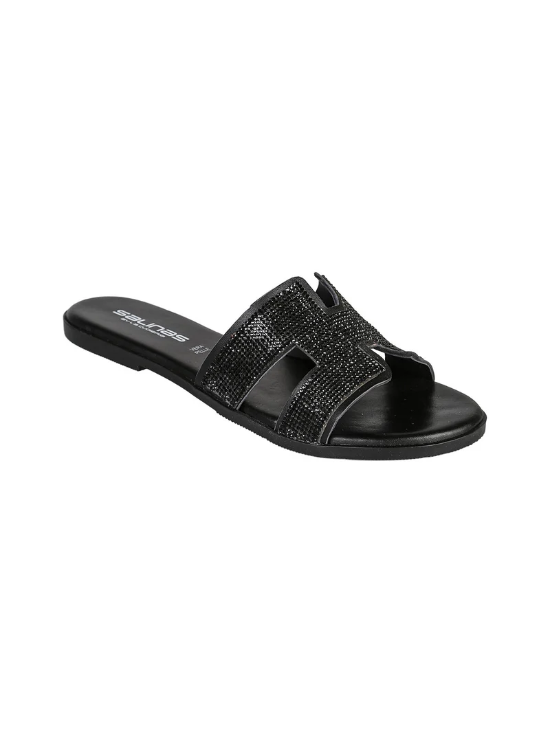 Ciabatte donna in pelle con strass - nero