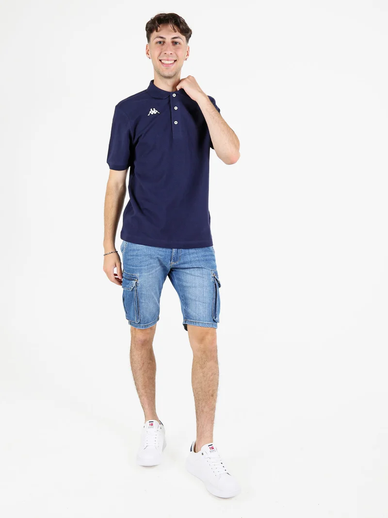 Polo da uomo a maniche corte in cotone con logo - blu scuro