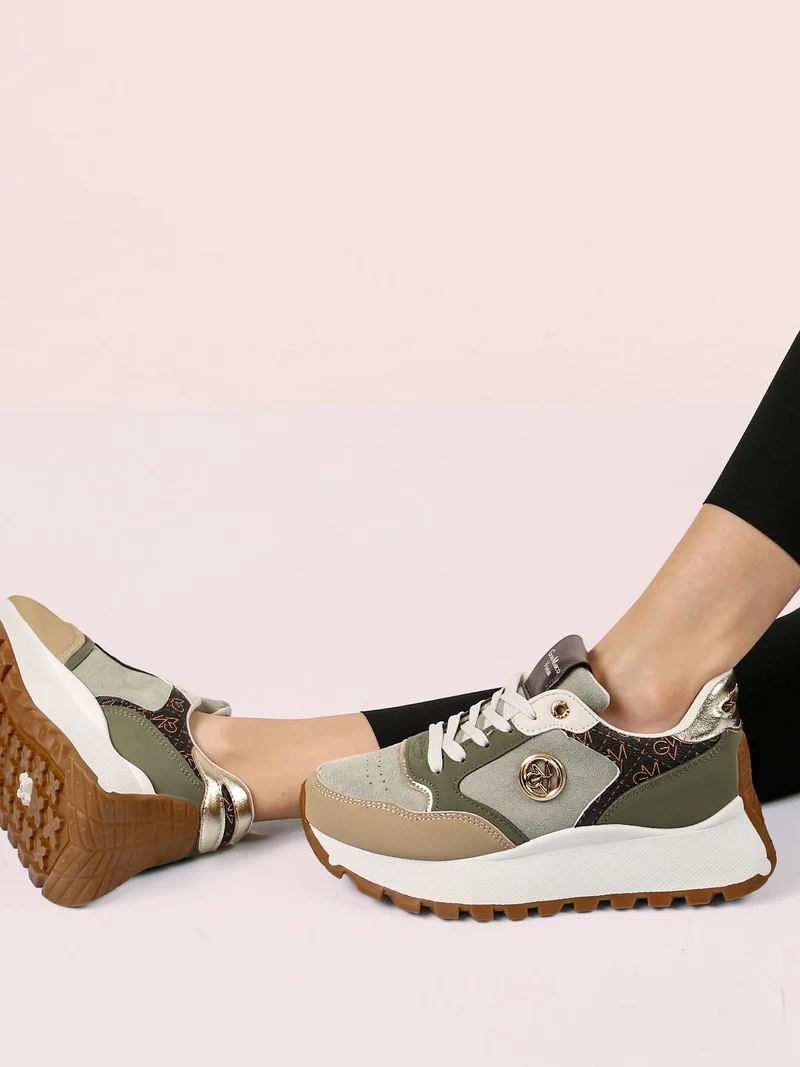 Sneakers donna stringate con platform - pistacchio
