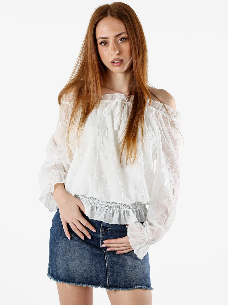 Blusa donna a maniche lunghe con scollo a barchetta - bianco