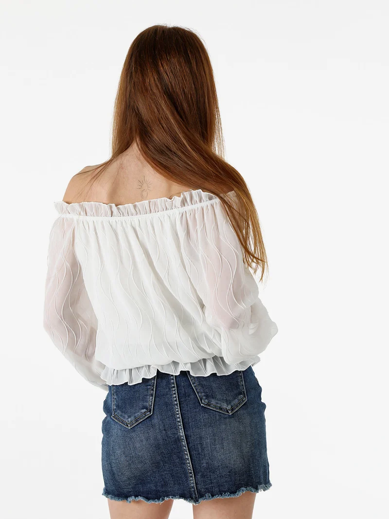 Blusa donna a maniche lunghe con scollo a barchetta - bianco