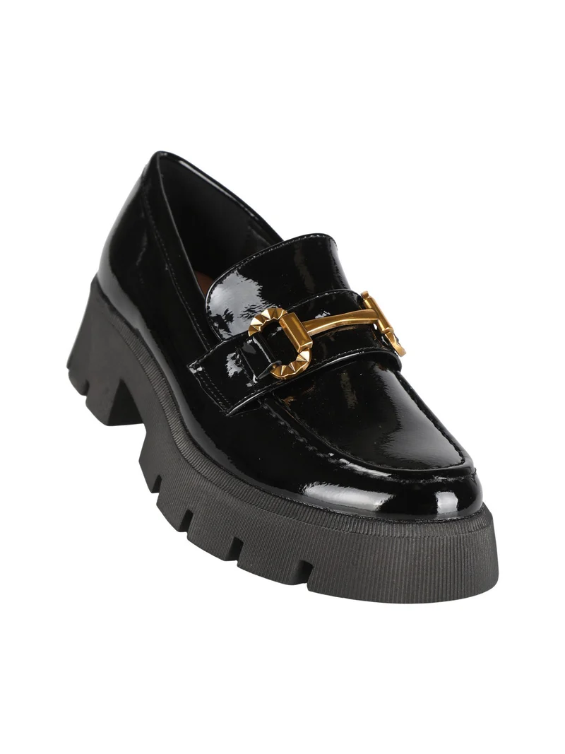 Mocassini donna in vernice con zeppa - nero