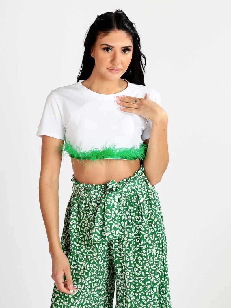 T-shirt cropped donna con piume - verde