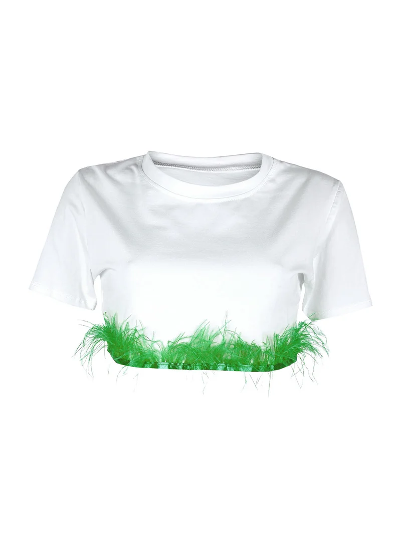 T-shirt cropped donna con piume - verde