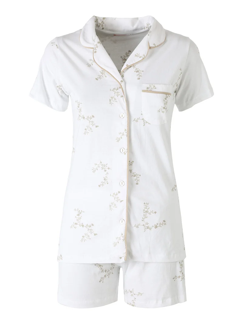 Pigiama aperto da donna in cotone a maniche corte con shorts - panna