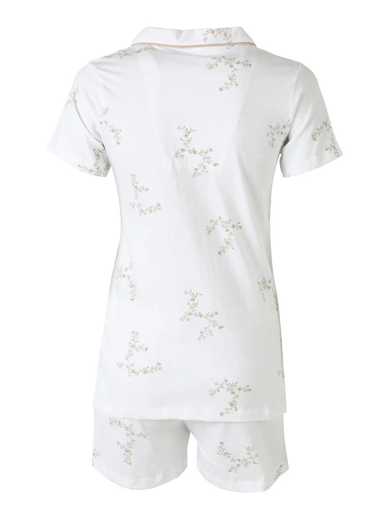 Pigiama aperto da donna in cotone a maniche corte con shorts - panna