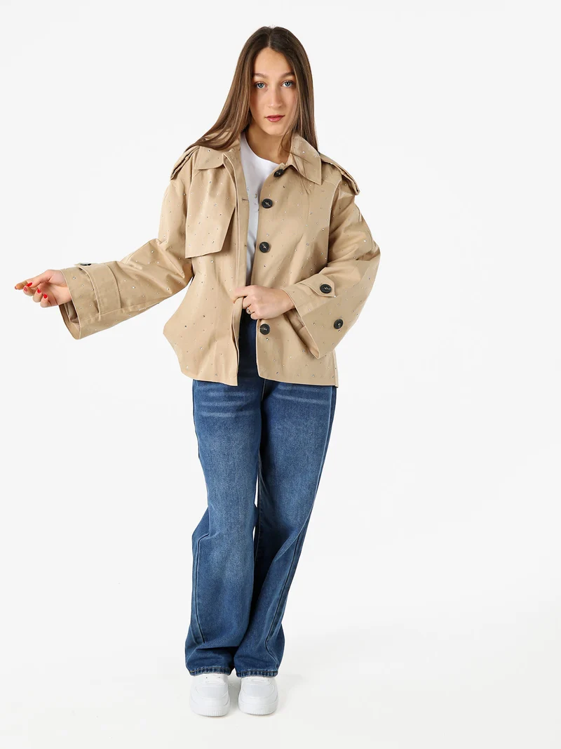 Giacca donna oversize in cotone con micro borchie - khaki