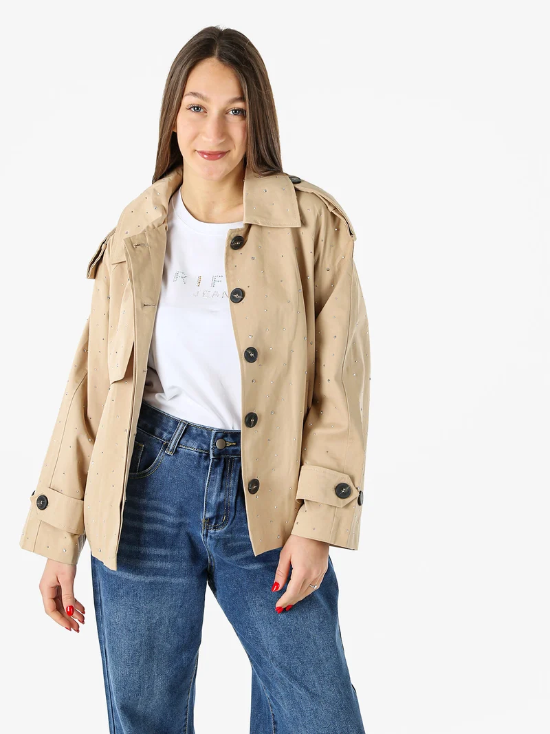Giacca donna oversize in cotone con micro borchie - khaki