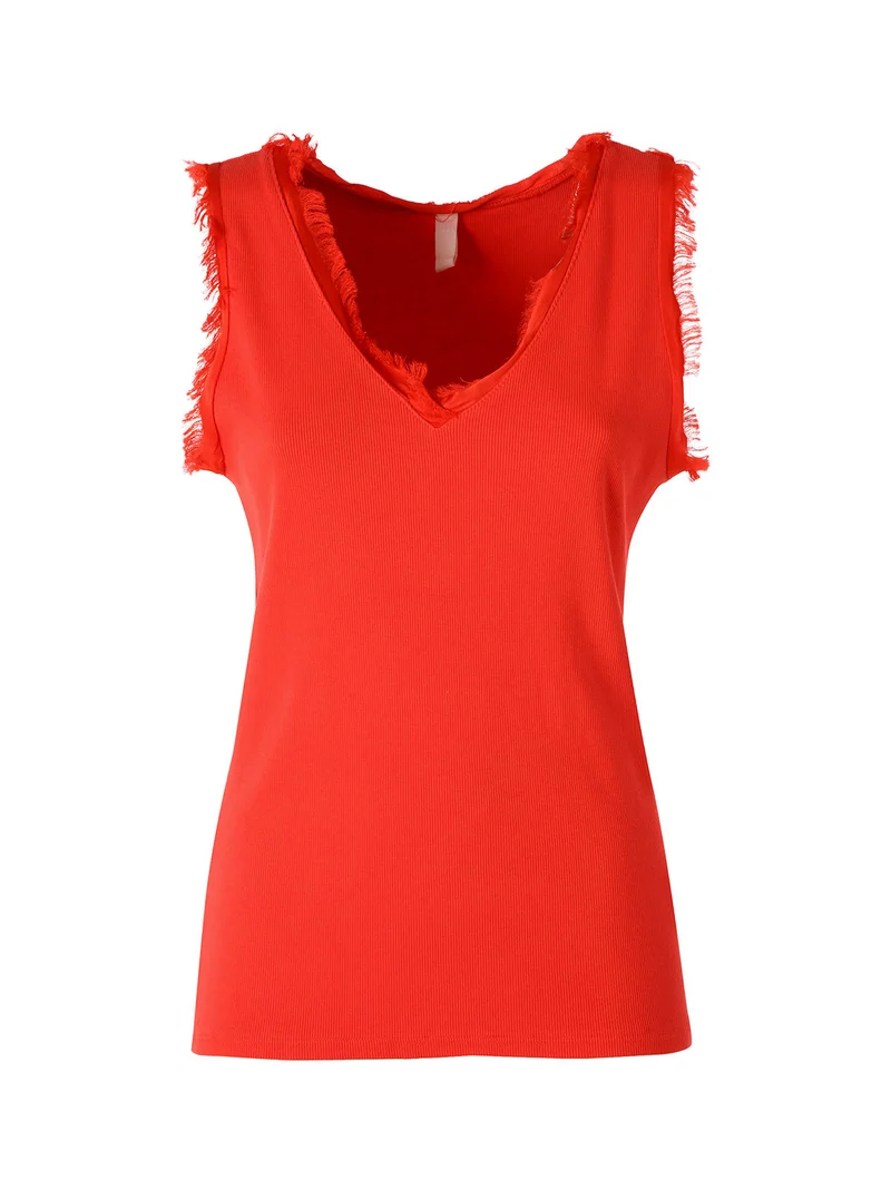 Top donna a costine con scollo a V e bordi sfrangiati - rosso