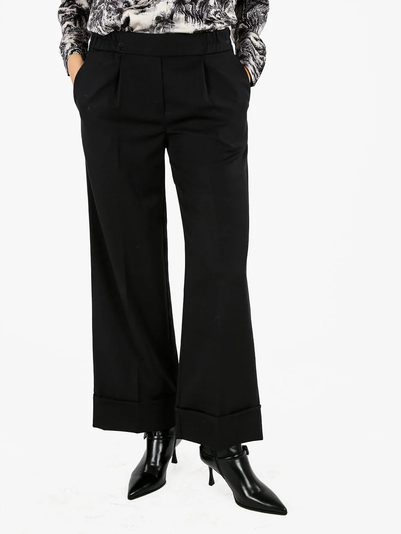 Pantaloni donna a gamba larga con risvolto - nero