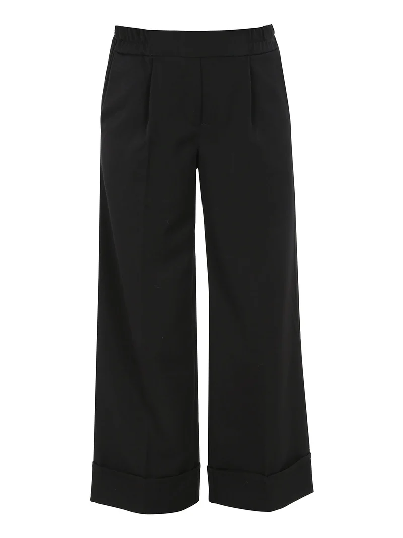 Pantaloni donna a gamba larga con risvolto - nero