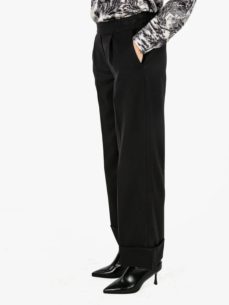 Pantaloni donna a gamba larga con risvolto - nero