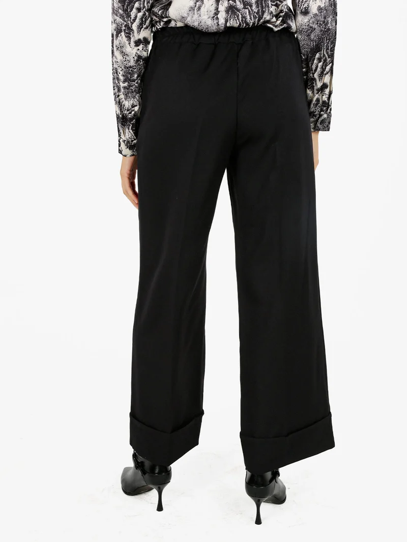 Pantaloni donna a gamba larga con risvolto - nero