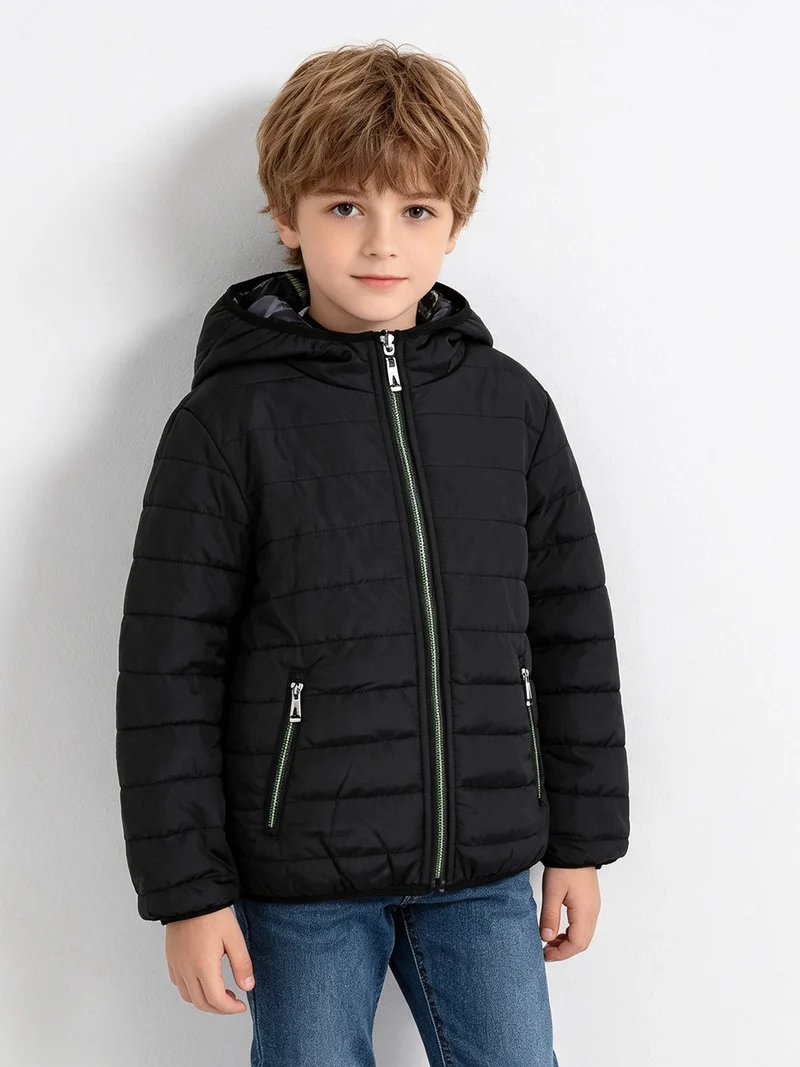 Giubbotto da bambino doubleface con cappuccio e zip - nero