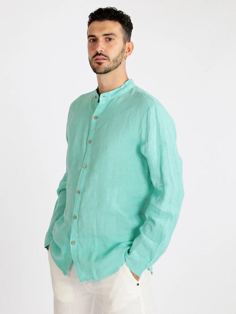 Camicia in lino da uomo alla coreana - turchese