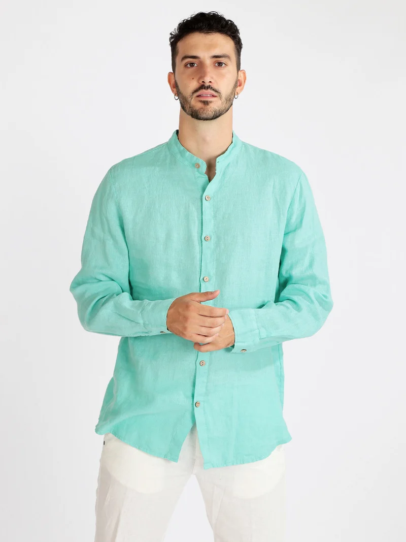 Camicia in lino da uomo alla coreana - turchese