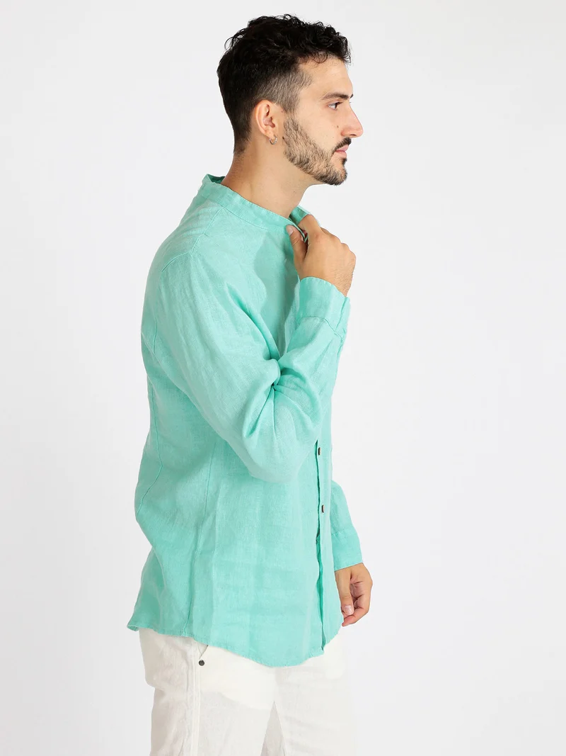 Camicia in lino da uomo alla coreana - turchese