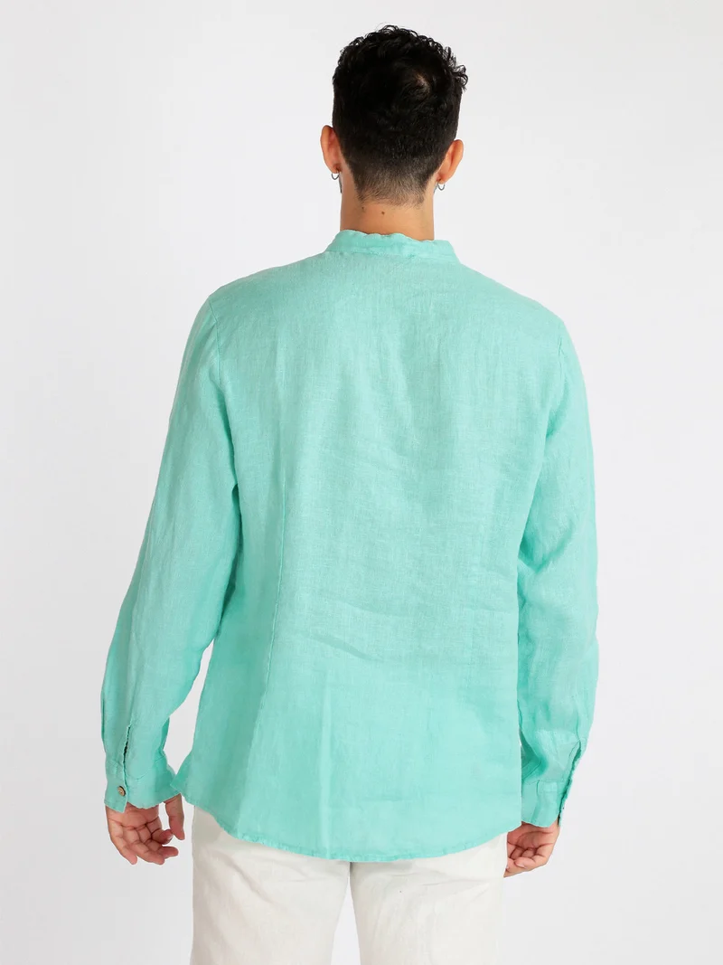 Camicia in lino da uomo alla coreana - turchese