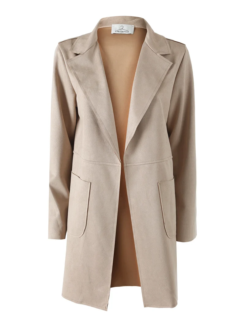 Blazer donna lungo in tessuto scamosciato senza chiusura - cammello