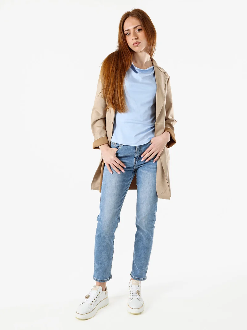 Blazer donna lungo in tessuto scamosciato senza chiusura - cammello