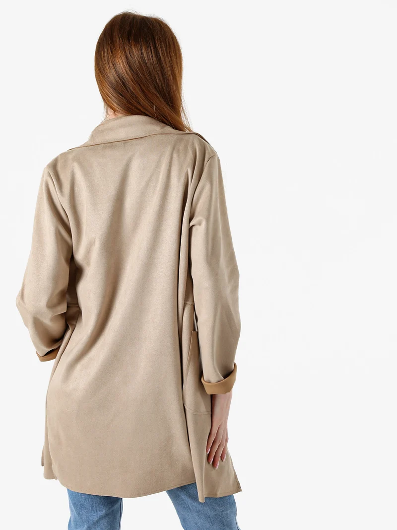 Blazer donna lungo in tessuto scamosciato senza chiusura - cammello