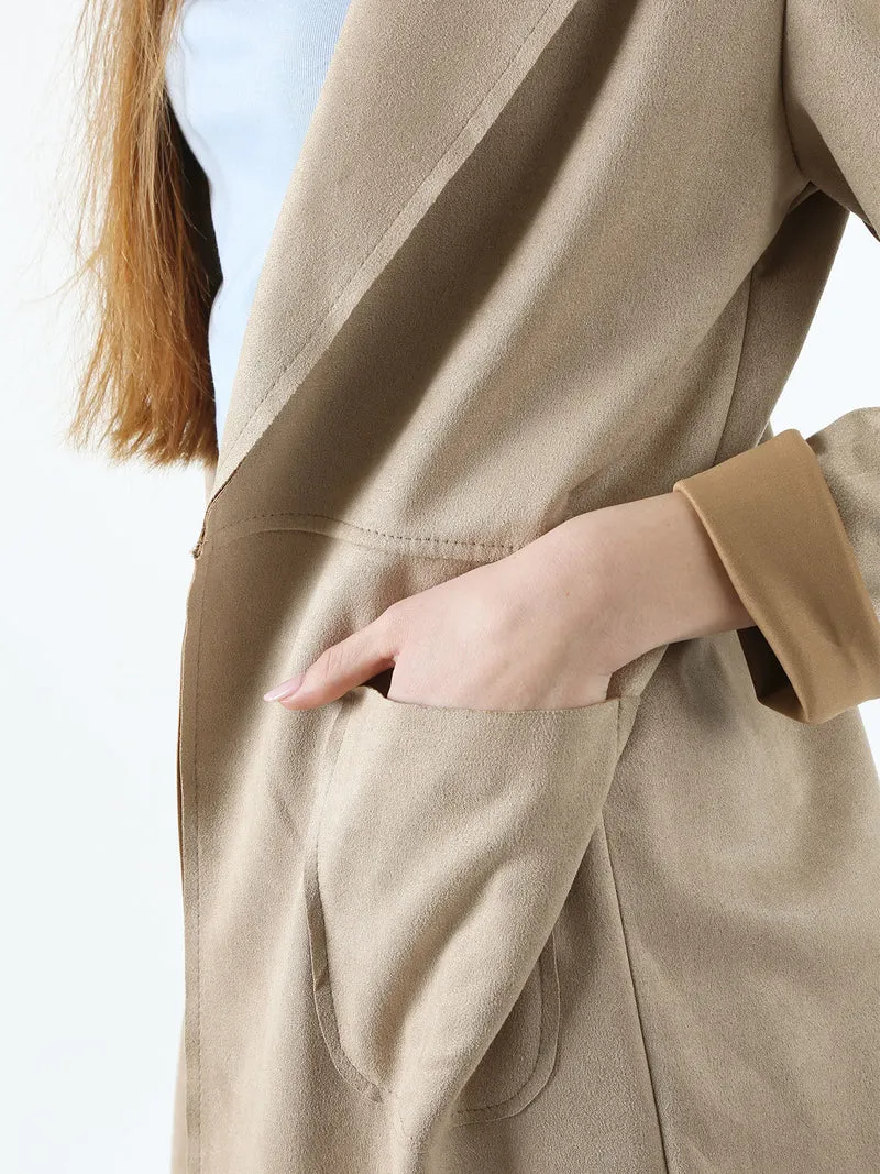 Blazer donna lungo in tessuto scamosciato senza chiusura - cammello