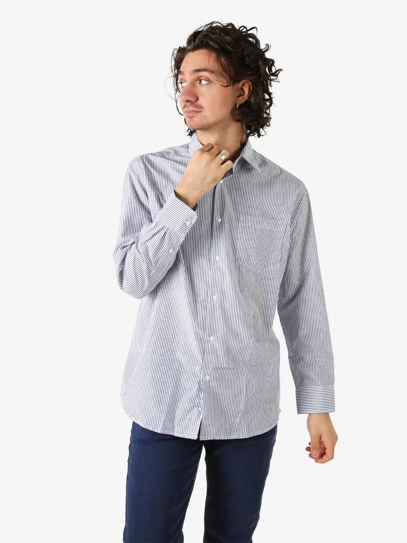 Camicia rigata da uomo a maniche lunghe - blu scuro
