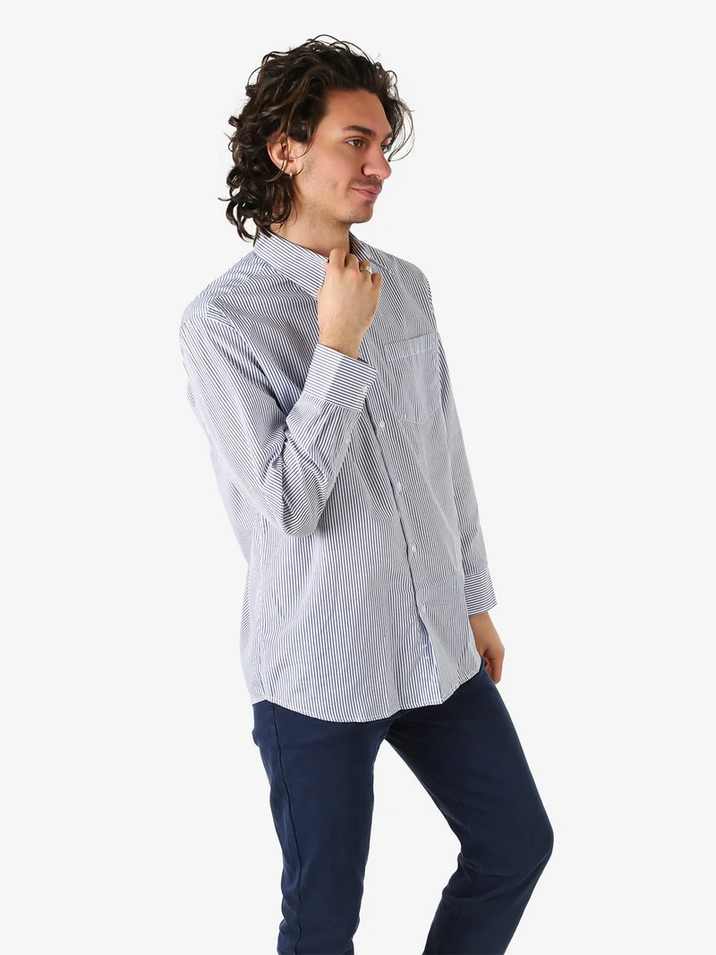 Camicia rigata da uomo a maniche lunghe - blu scuro