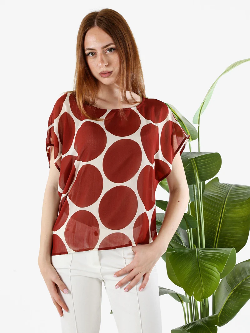 Blusa donna velata senza maniche con stampa a cerchi - cuoio