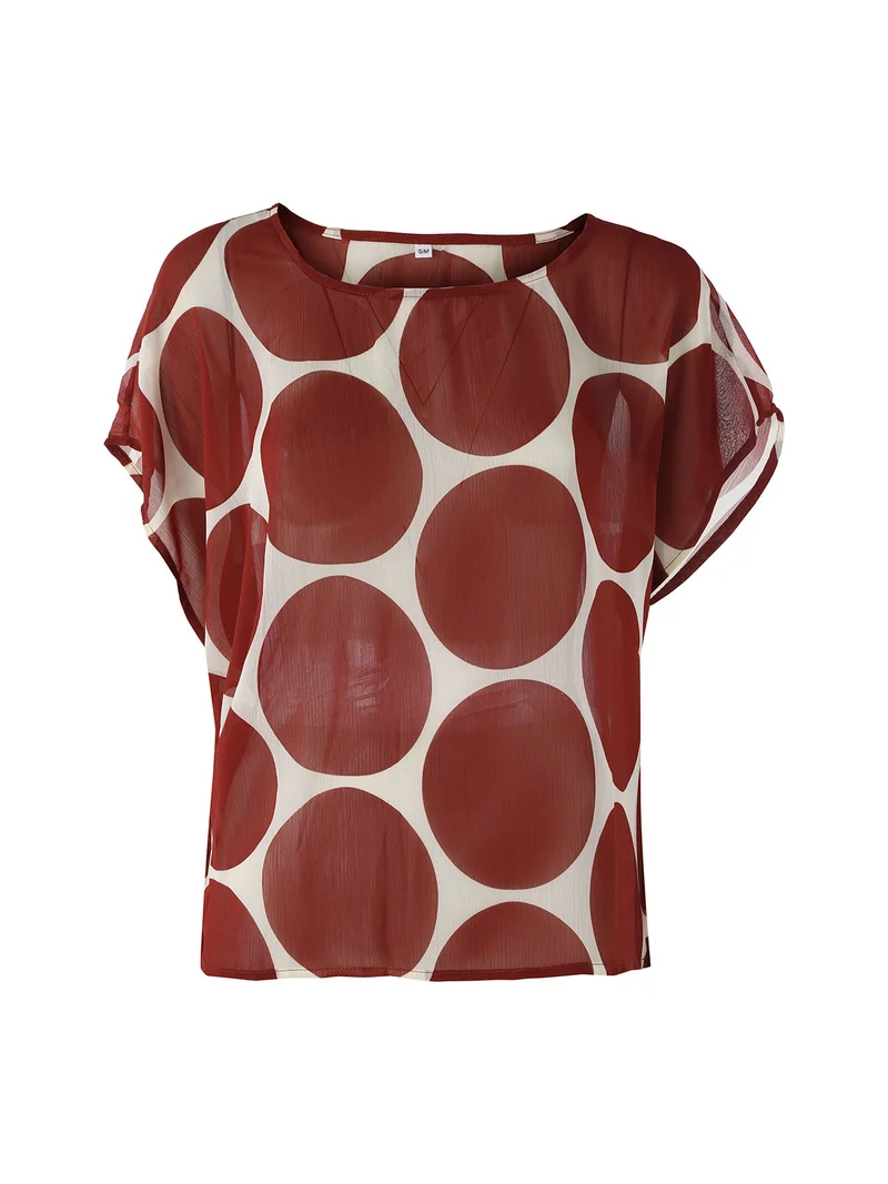 Blusa donna velata senza maniche con stampa a cerchi - cuoio