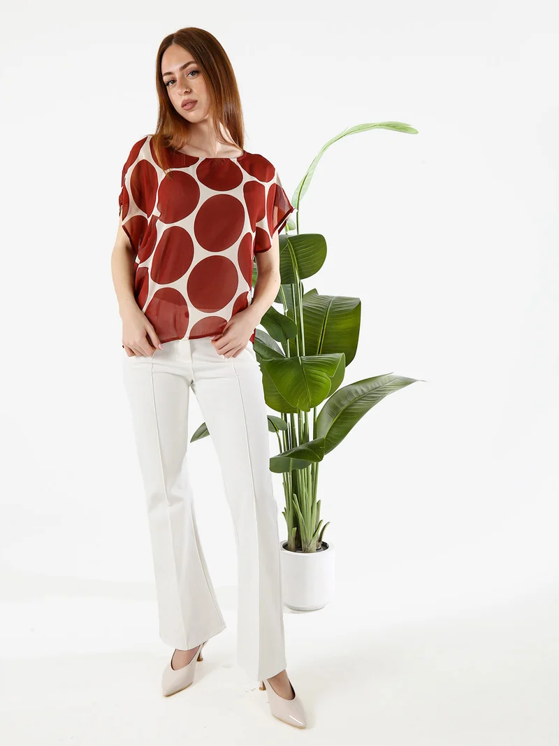 Blusa donna velata senza maniche con stampa a cerchi - cuoio