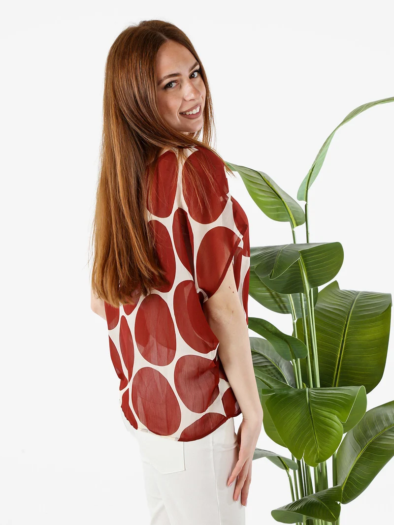 Blusa donna velata senza maniche con stampa a cerchi - cuoio