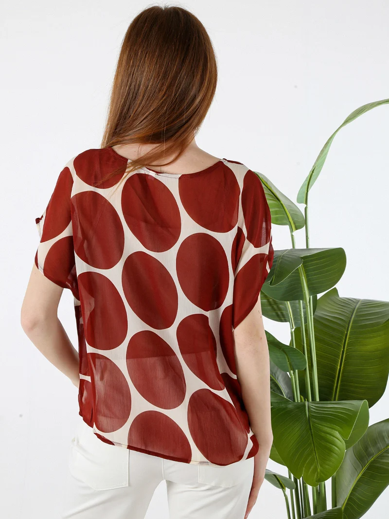 Blusa donna velata senza maniche con stampa a cerchi - cuoio