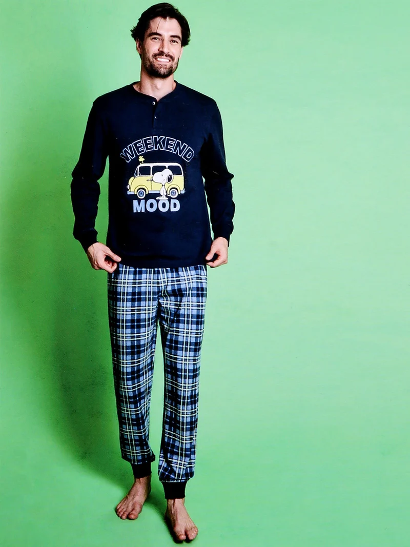 Snoopy pigiama lungo da uomo in cotone - blu scuro