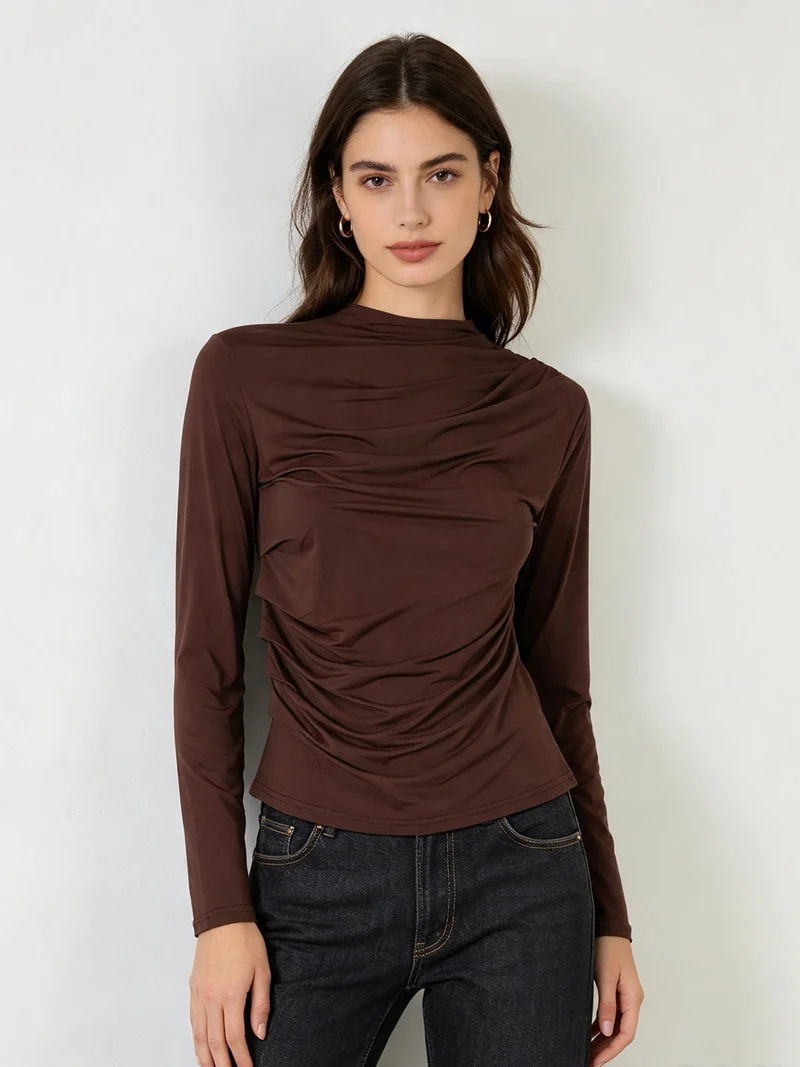 Maglia donna accollata a maniche lunghe con drappeggio laterale - moro