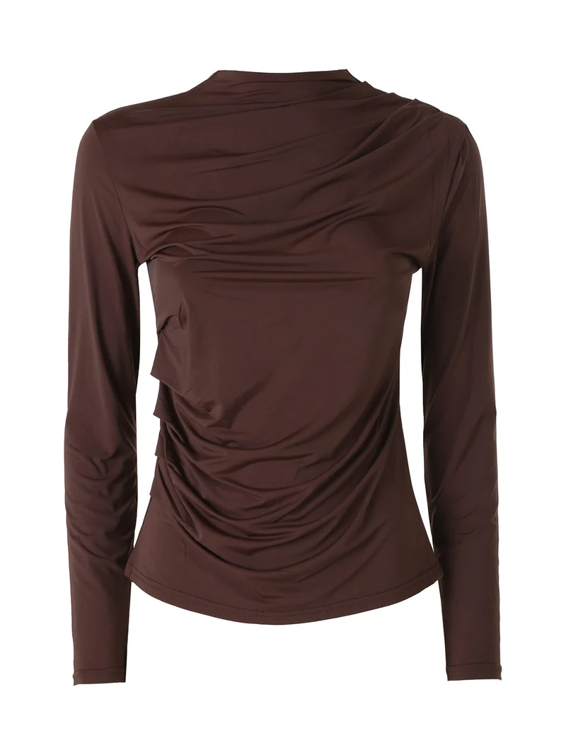 Maglia donna accollata a maniche lunghe con drappeggio laterale - moro