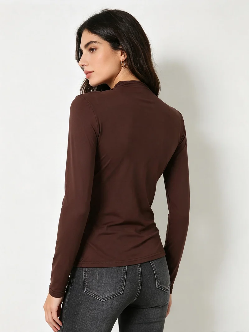 Maglia donna accollata a maniche lunghe con drappeggio laterale - moro