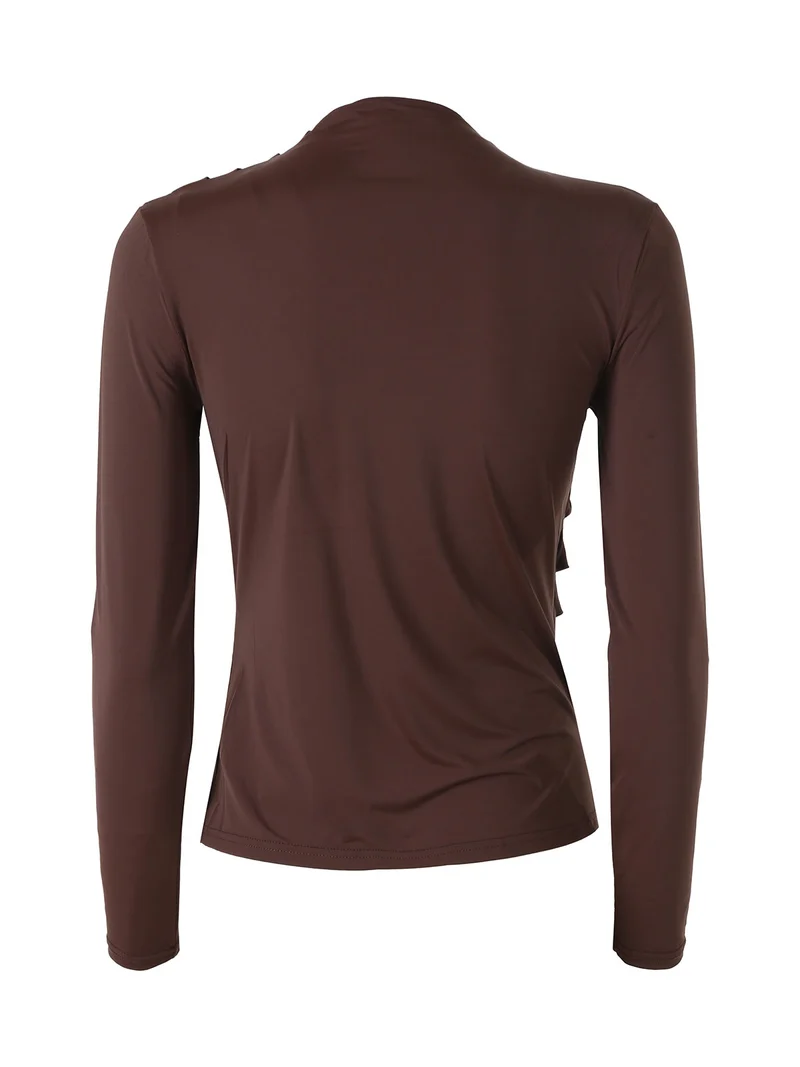 Maglia donna accollata a maniche lunghe con drappeggio laterale - moro