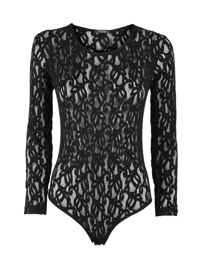 Body donna a maniche lunghe in pizzo - nero