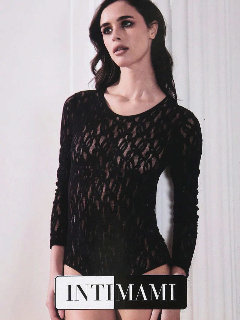 Body donna a maniche lunghe in pizzo - nero