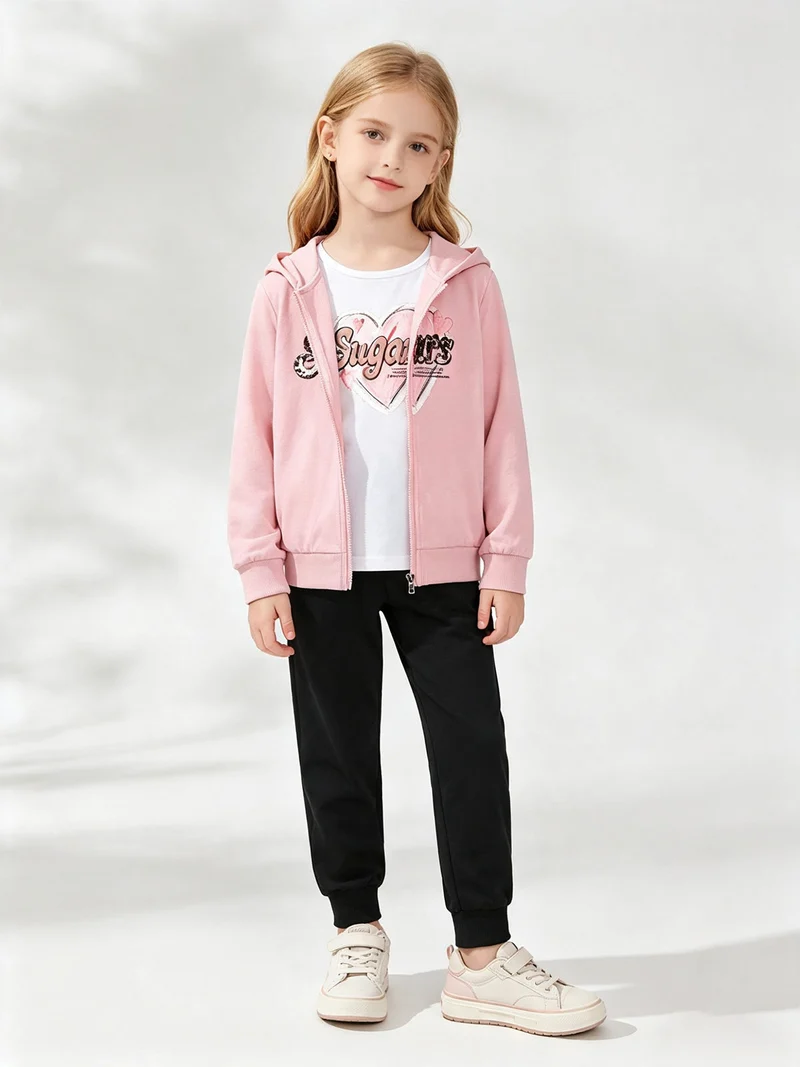 Completo tuta da bambina 3 pezzi con paillettes cappuccio e zip - rosa