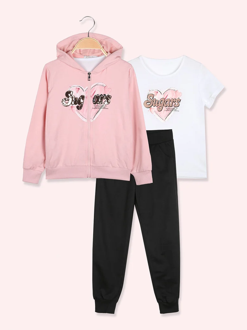 Completo tuta da bambina 3 pezzi con paillettes cappuccio e zip - rosa