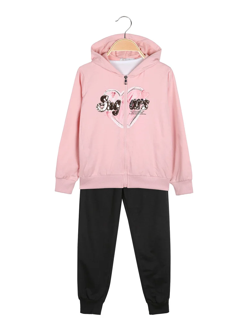 Completo tuta da bambina 3 pezzi con paillettes cappuccio e zip - rosa