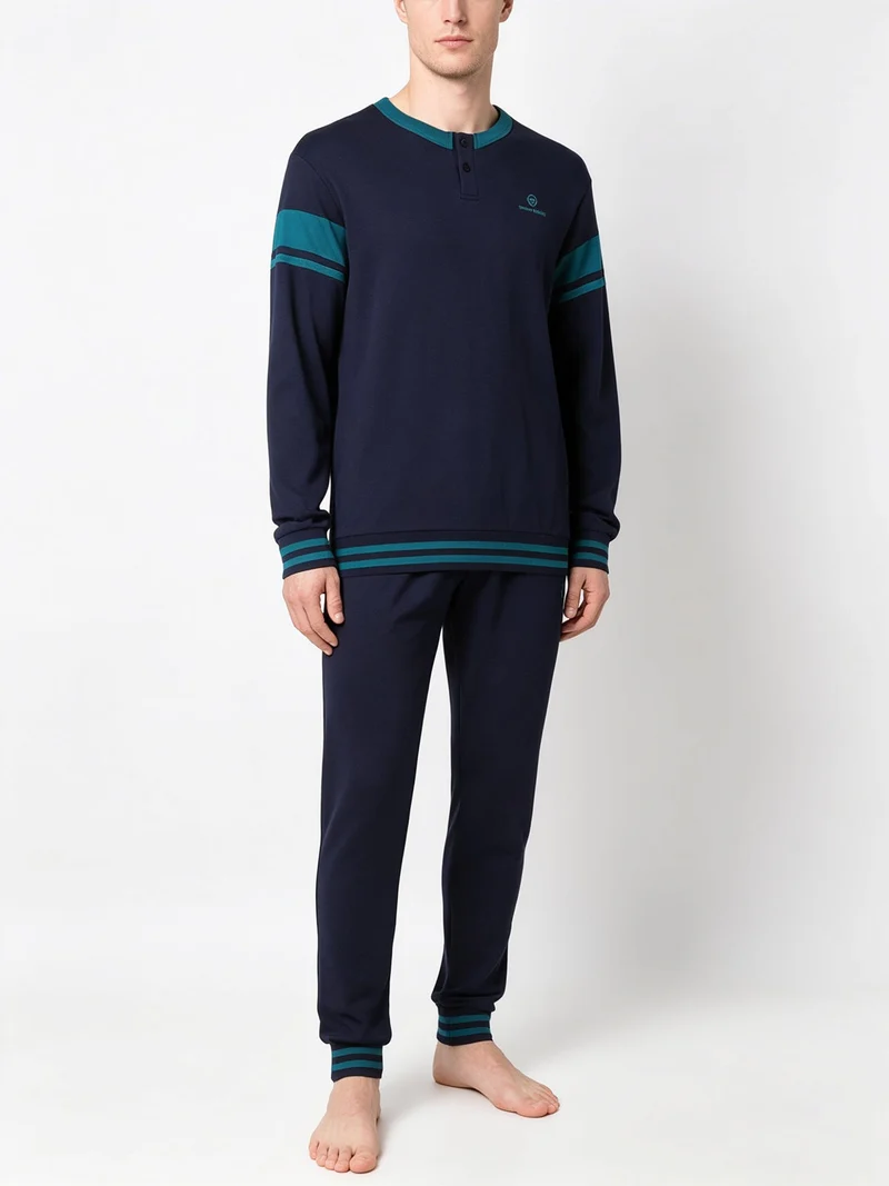 Pigiama lungo da uomo in cotone interlock - blu scuro