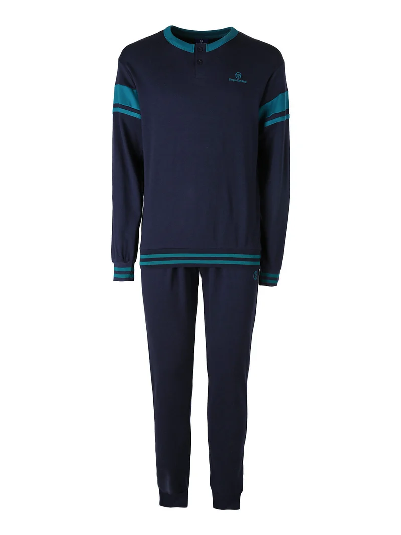 Pigiama lungo da uomo in cotone interlock - blu scuro