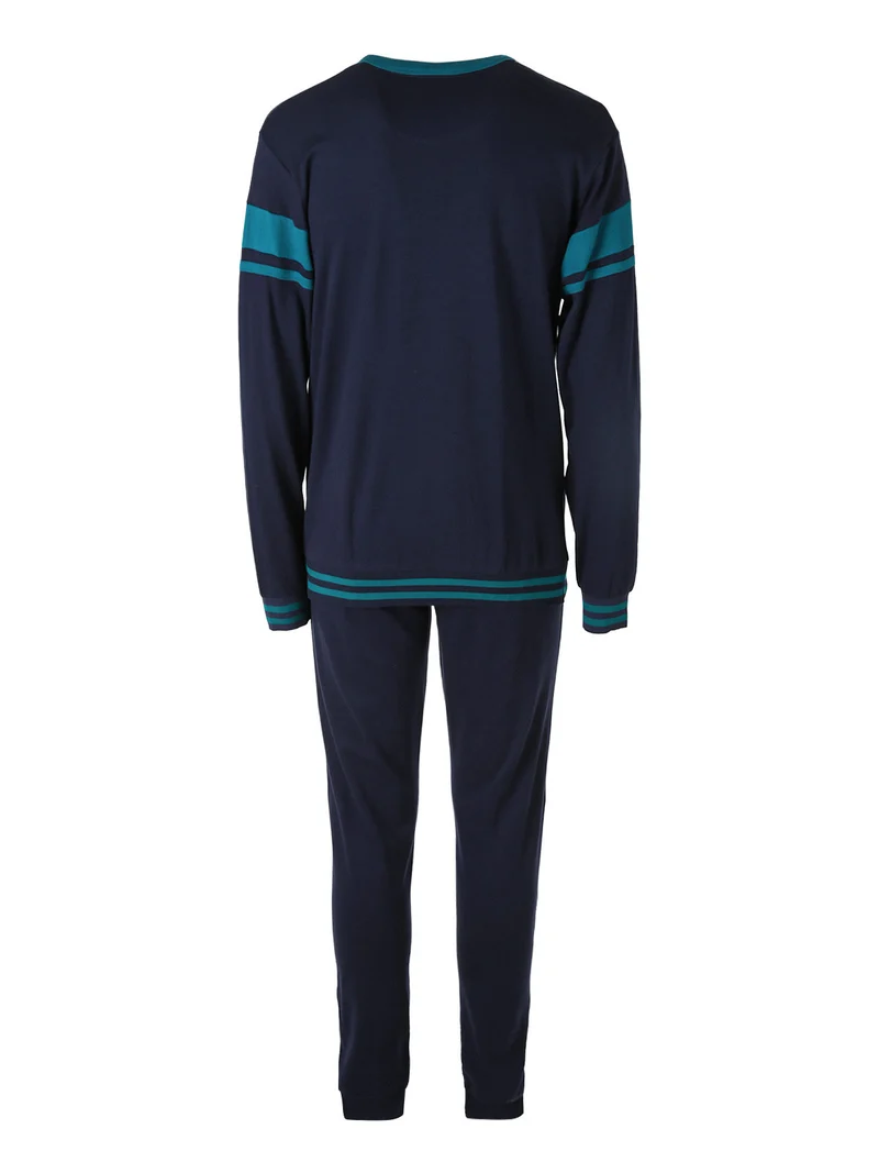 Pigiama lungo da uomo in cotone interlock - blu scuro