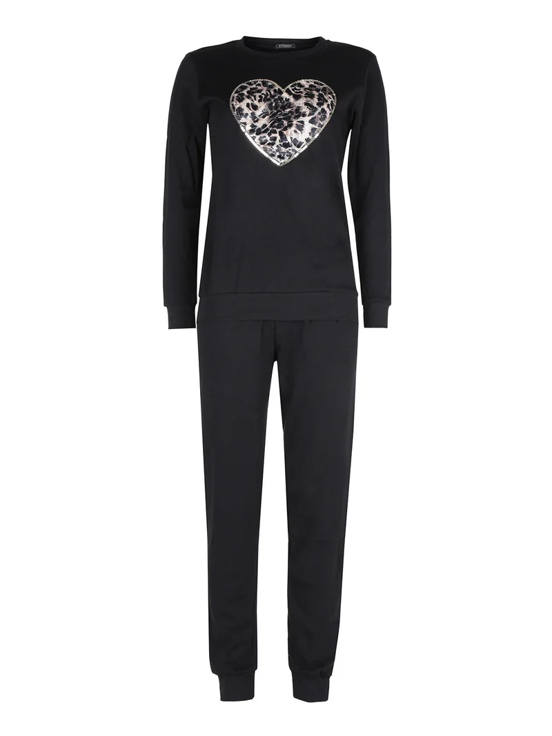 Pigiama lungo da donna in caldo cotone - nero