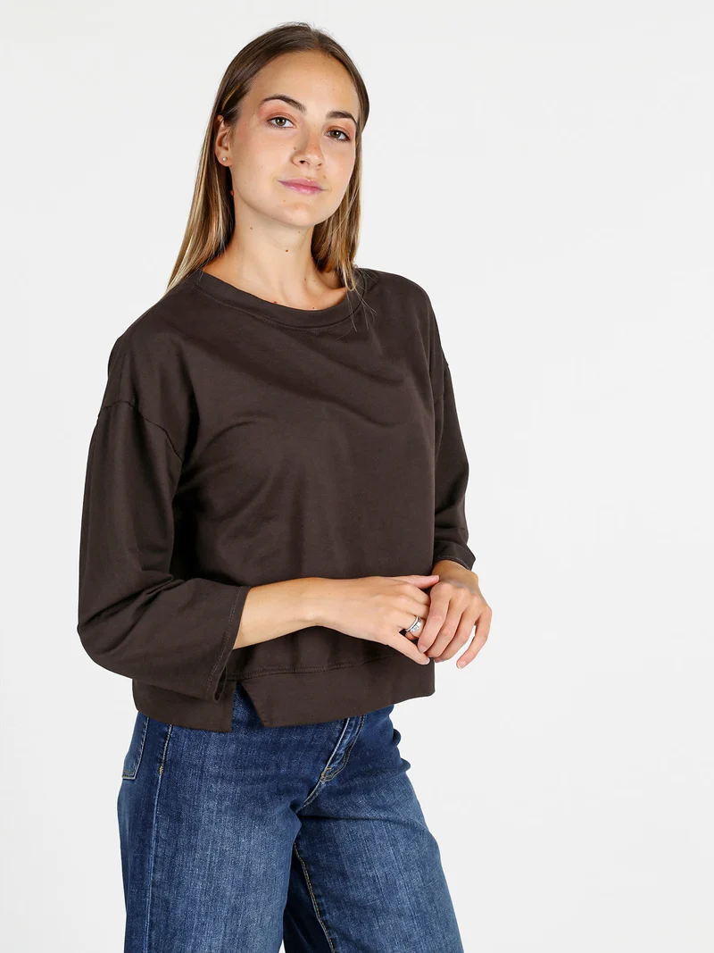 Felpa donna leggera oversize girocollo - moro
