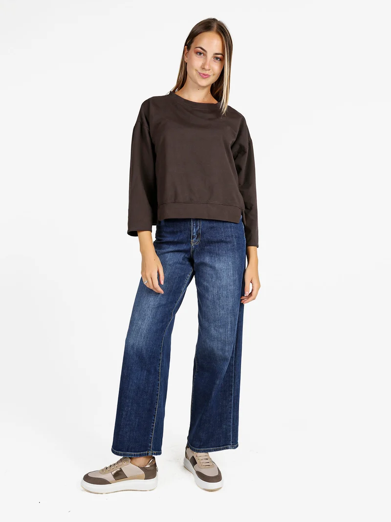 Felpa donna leggera oversize girocollo - moro